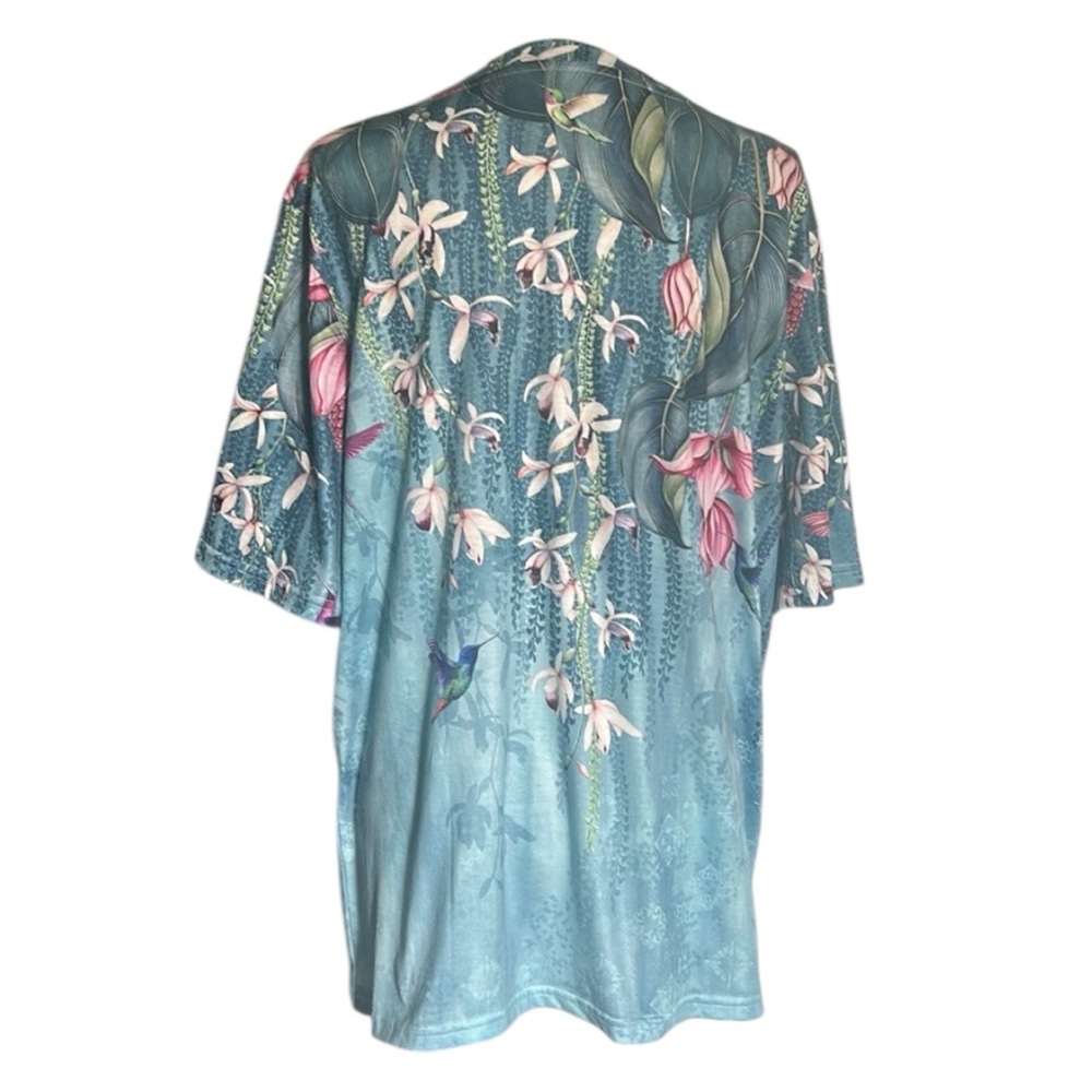 Hummingbird Floral Graphic Print V-Neck T-Shirt Short Sleeve Blue Pink White 2XL - Picture 5 of 12